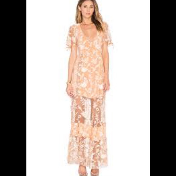 FOR LOVE & LEMONS MIA MAXI DRESS Lace Overlay Sheer Paneled Tie Detail Boho Chic - Picture 11 of 11